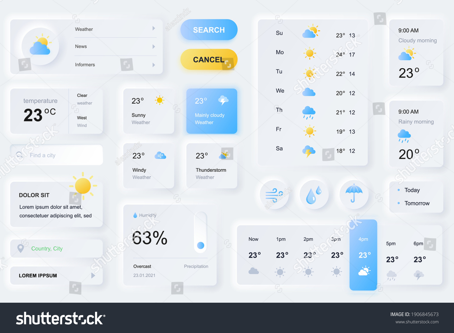 User interface elements for weather forecast mobile app. Unique neumorphic design UI  UX  GUI  KIT elements template. Neumorphism style. Different form  components  button  menu  weather vector icons.