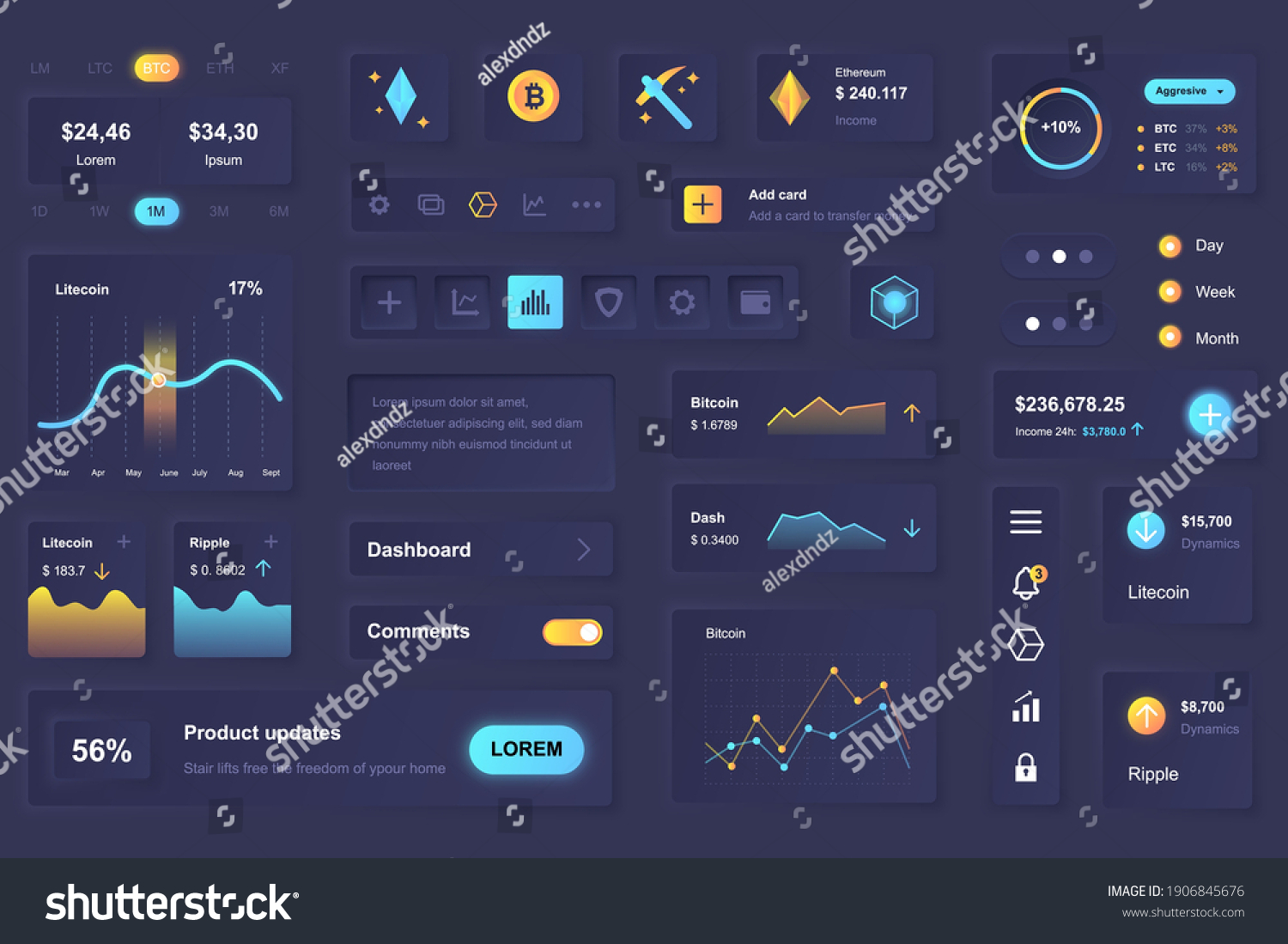 User interface elements for cryptocurrency mobile app. Unique neumorphic design UI  UX  GUI  KIT elements template. Neumorphism style. Different form  components  button  menu  bitcoin vector icons.