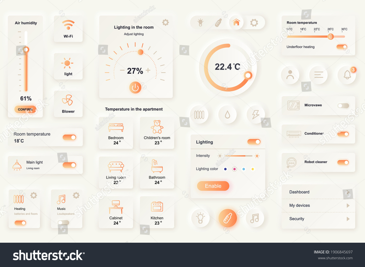 User interface elements for smart home mobile app. Unique neumorphic design UI  UX  GUI  KIT elements template. Neumorphism style. Different form  components  button  menu  vector icons.