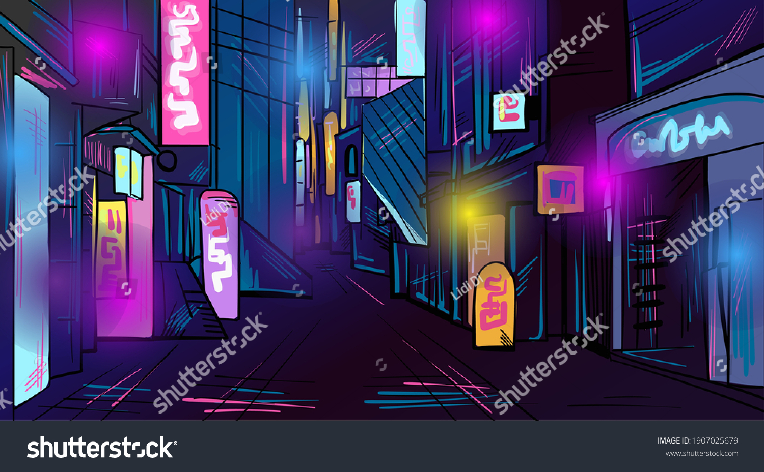 Cartoon futuristic street background. Colourful urban landscape  flat urban illustration. Hand-drawn vector illustration panorama  modern cityscape.