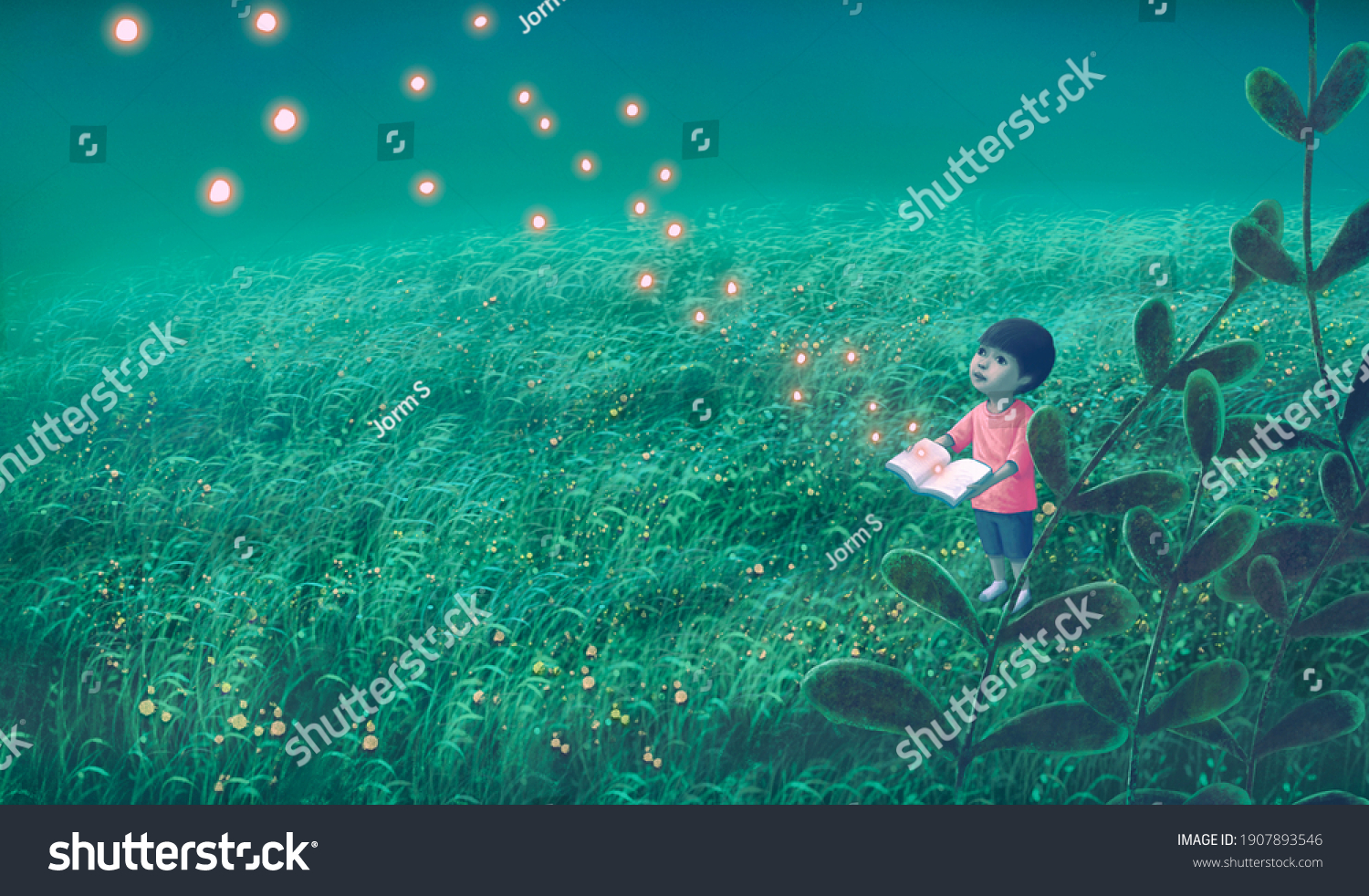 Book of imagination with a boy  Education dream hope inspiration and freedom concept  surreal painting. Fantasy art  conceptual artwork  happiness of child   3d illustration
