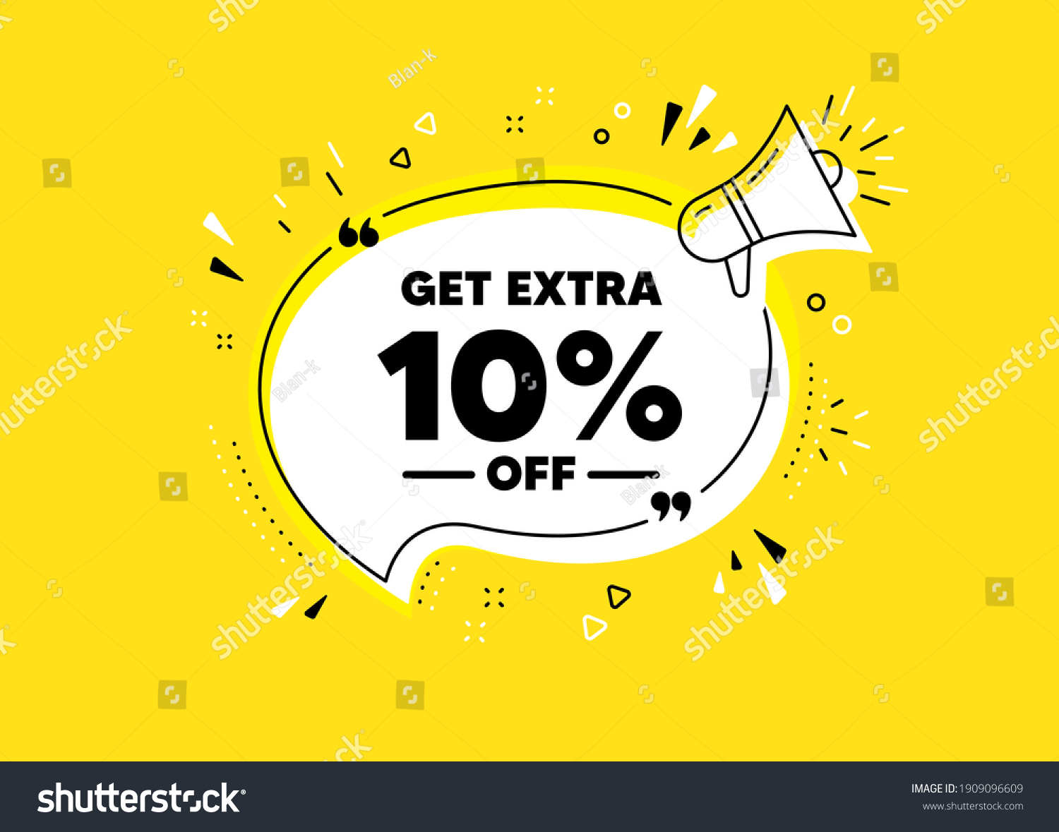 Get Extra 10 percent off Sale. Megaphone yellow vector banner. Discount offer price sign. Special offer symbol. Save 10 percentages. Thought speech bubble with quotes. Vector