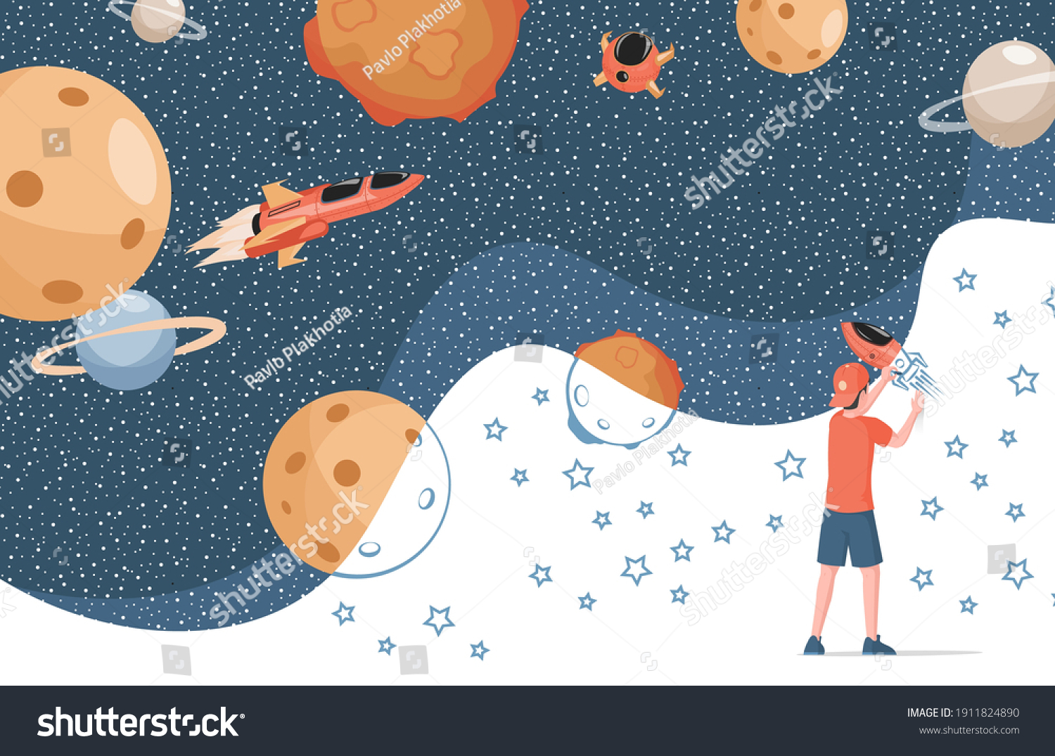 Boy in modern clothes drawing cosmos  planets  spaceships and stars vector flat illustration. Cute child dreaming of space travelling. Children imagination and creativity.