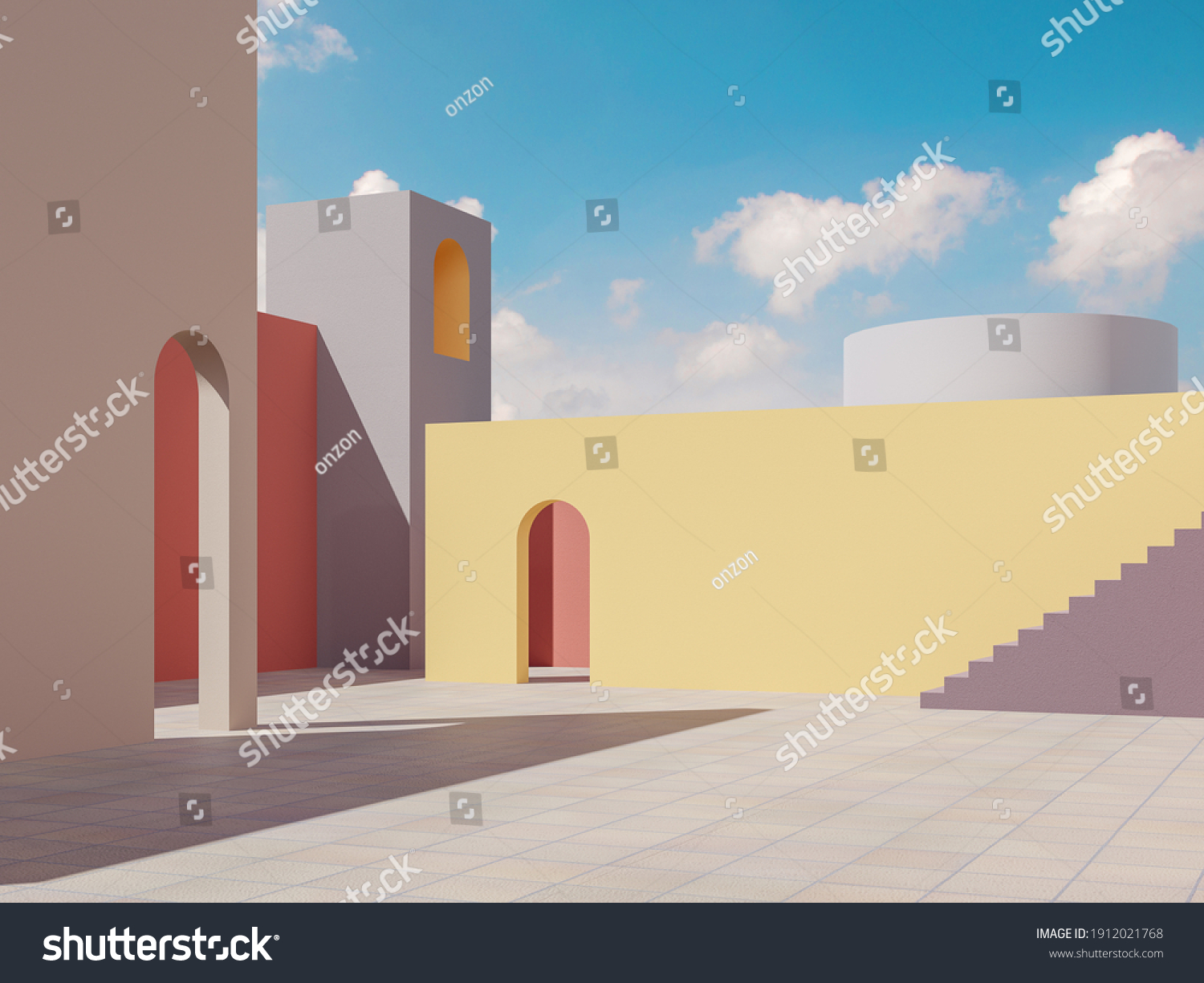 Minimal style colorful building exterior with blue sky background 3d render