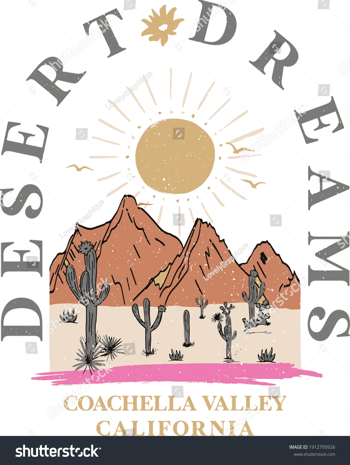 Desert Dreams slogan and desert view print.