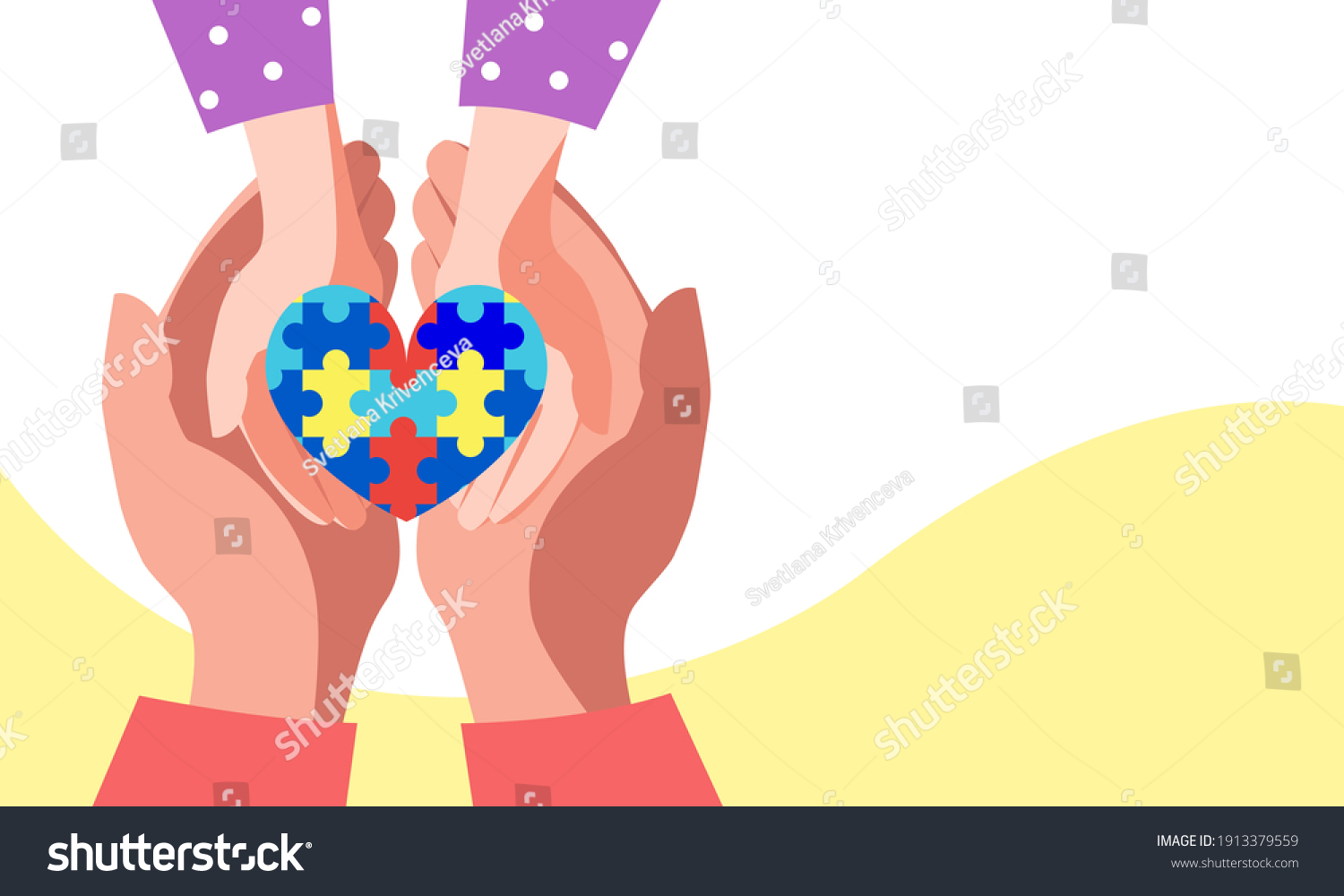Heart puzzle symbol of autism in human hands. Concept for world autism day  help support children with autism. Banner with copy space. Stock vector illustration. 