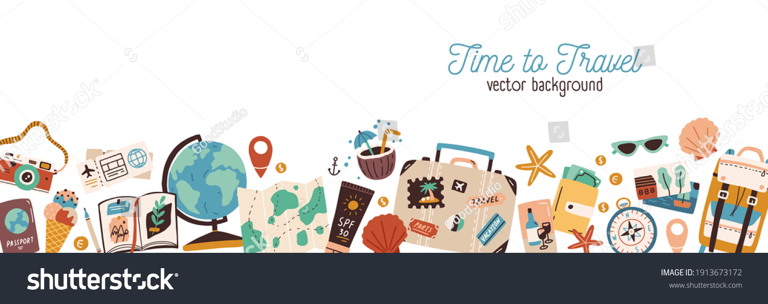 Banner with traveling and tourism elements. Colorful touristic objects like backpack  suitcase  map and globe and place for text. Summer holiday background. Colored flat vector illustration