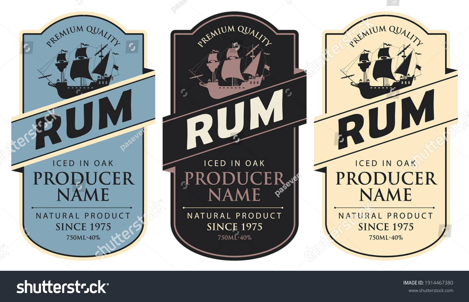 Set of three vector labels for rum in a figured frames with sailing ships and inscriptions in retro style. Premium quality  iced in oak  collection of strong alcoholic beverages