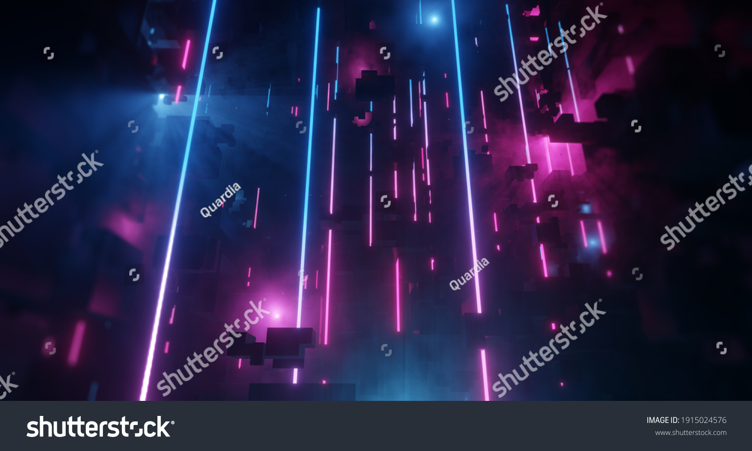 垂直的霓虹灯管反映了用轻型技术抽象背景的城市。明亮的粉红色和蓝色霓虹灯镜 雾化的环境。 3D渲染