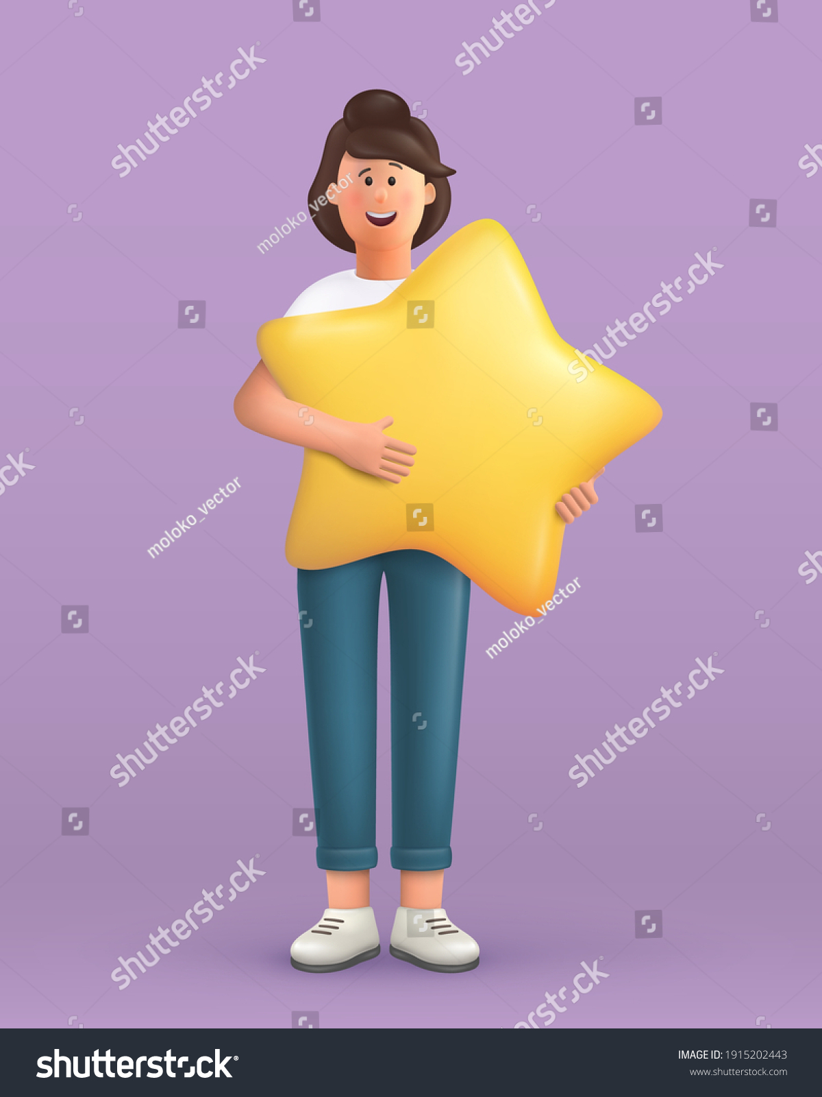 3D cartoon character. Young woman holding and hugging a big star. Customer review rating and client feedback concept. Smiling cute brunette girl.  3d vector illustration.