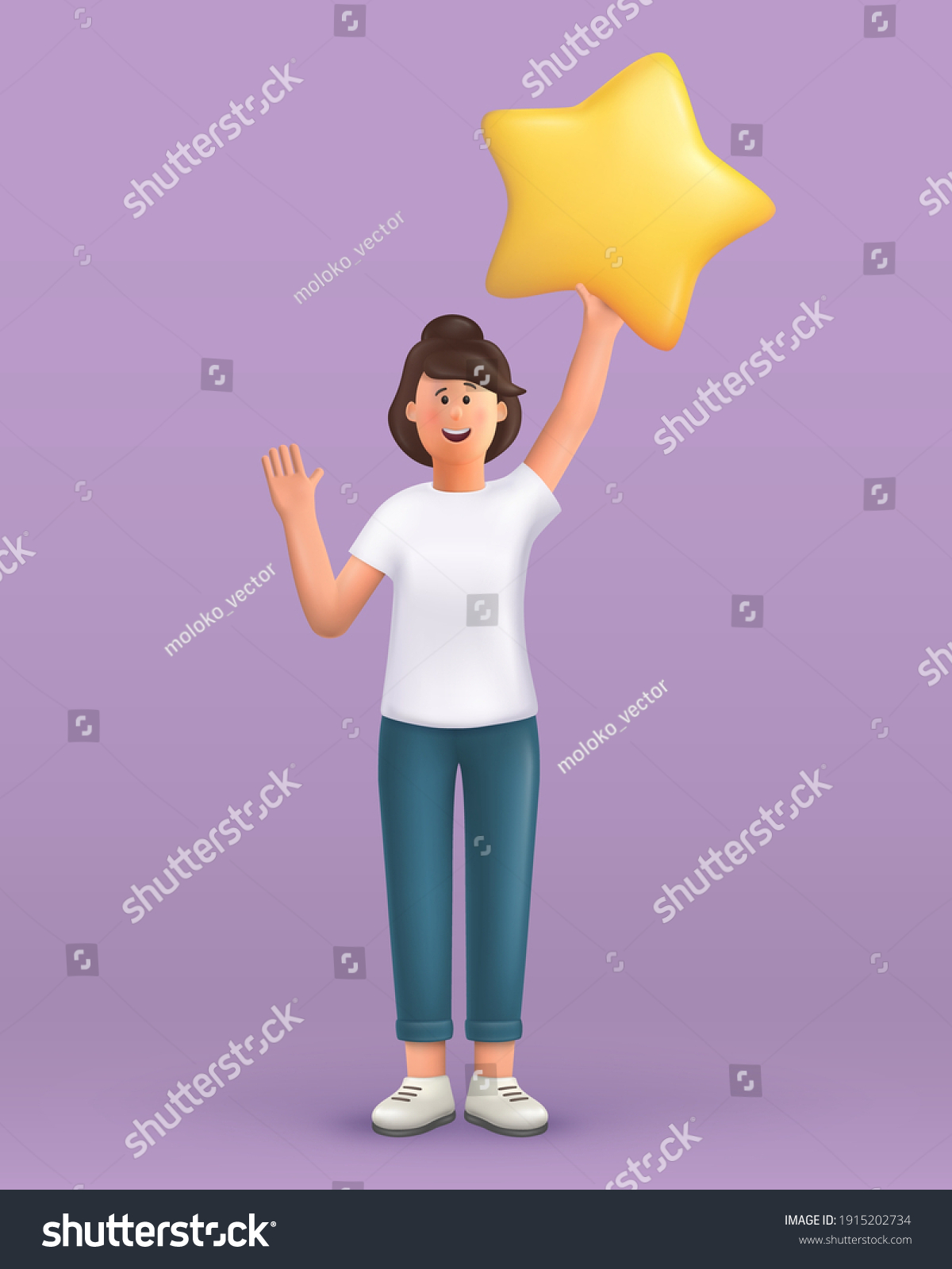 3D cartoon character. Young woman waving hand saying hi and holding a big star. Customer review rating and client feedback concept. Smiling cute brunette girl.  3d vector illustration.