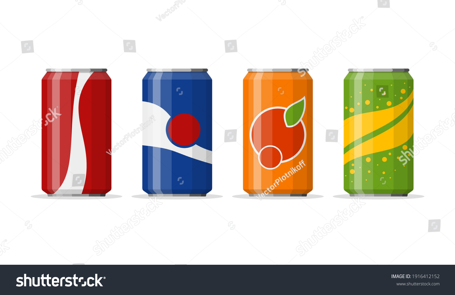 Soda in colored aluminum cans set icons isolated on white background. Soft drinks sign. Carbonated non-alcoholic water with different flavors. Drinks in colored packaging. Vector illustration