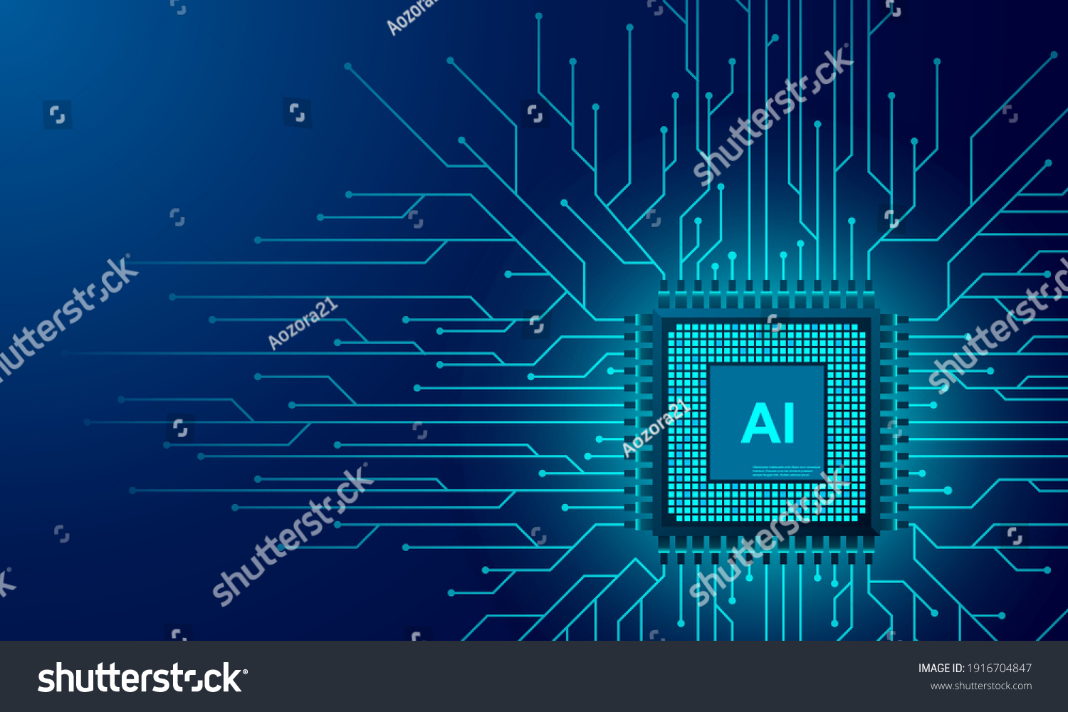 Artificial intelligence web banner. 3D isometric illustration of a processor chip. The process of data processing. Developments in modern technologies. Microcircuits on neon glowing background