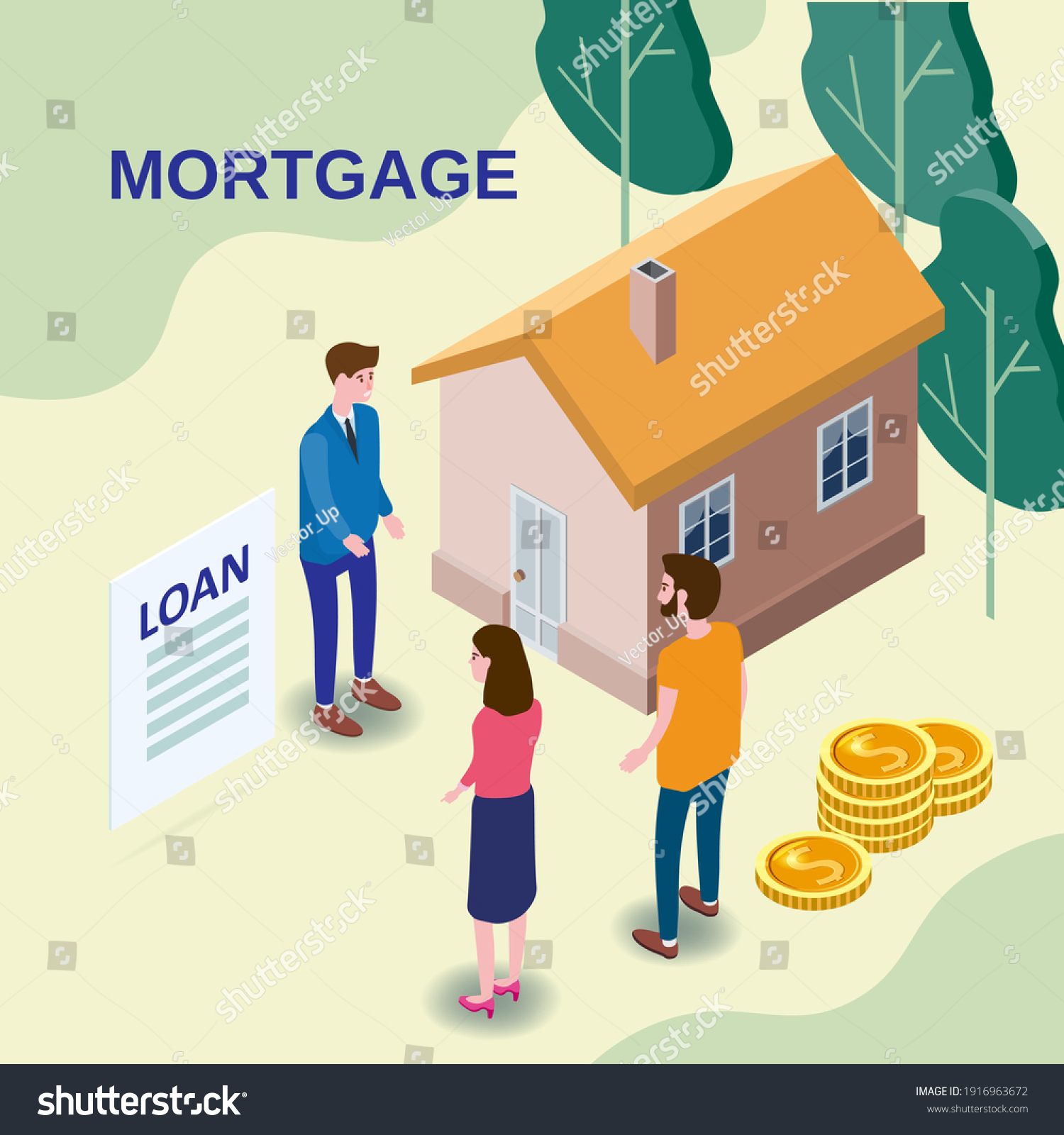 House Mortgage Concept  characters couple buying estate invest money  rieltor agent estate offer mortgage money credit. Isometric vector flat illustraion banner