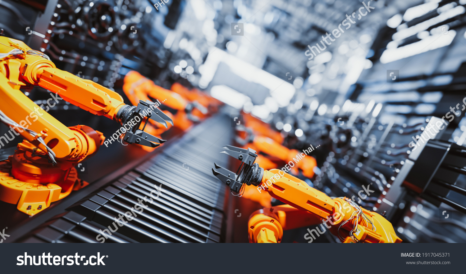 Robotic arms along assembly line in modern factory. Heavy industry technology and machine learning. 3D rendering