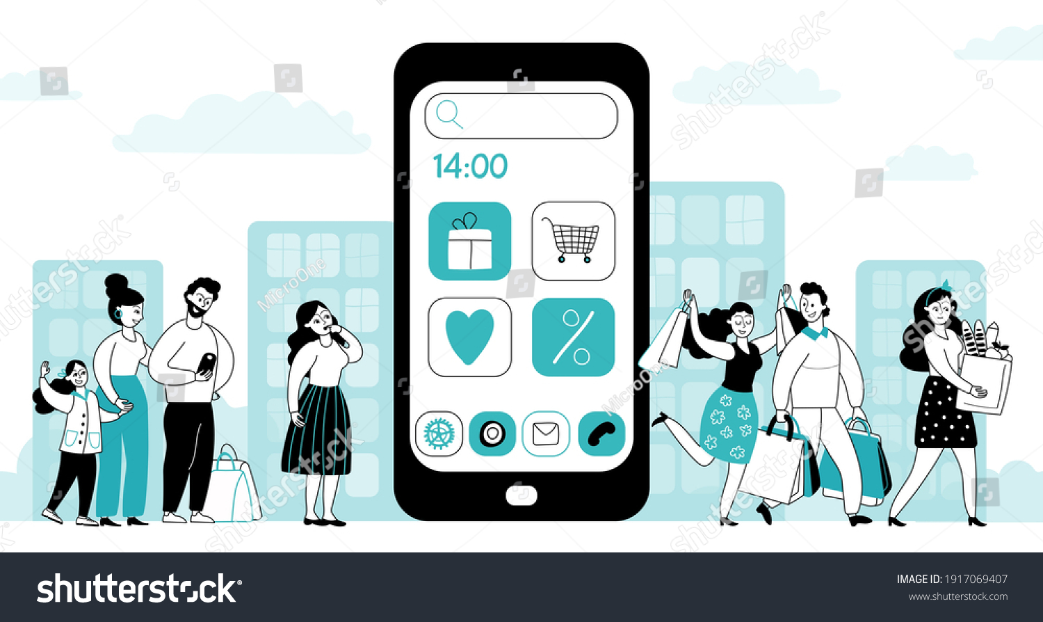 Mobile shopping app. Flat style people shop  online buyers and smart paying. Things for ecommerce service  decent order system vector concept