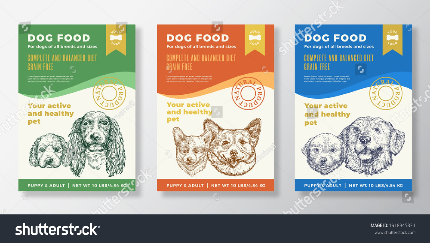 Dog Food Label Templates Set. Abstract Vector Packaging Design Layouts