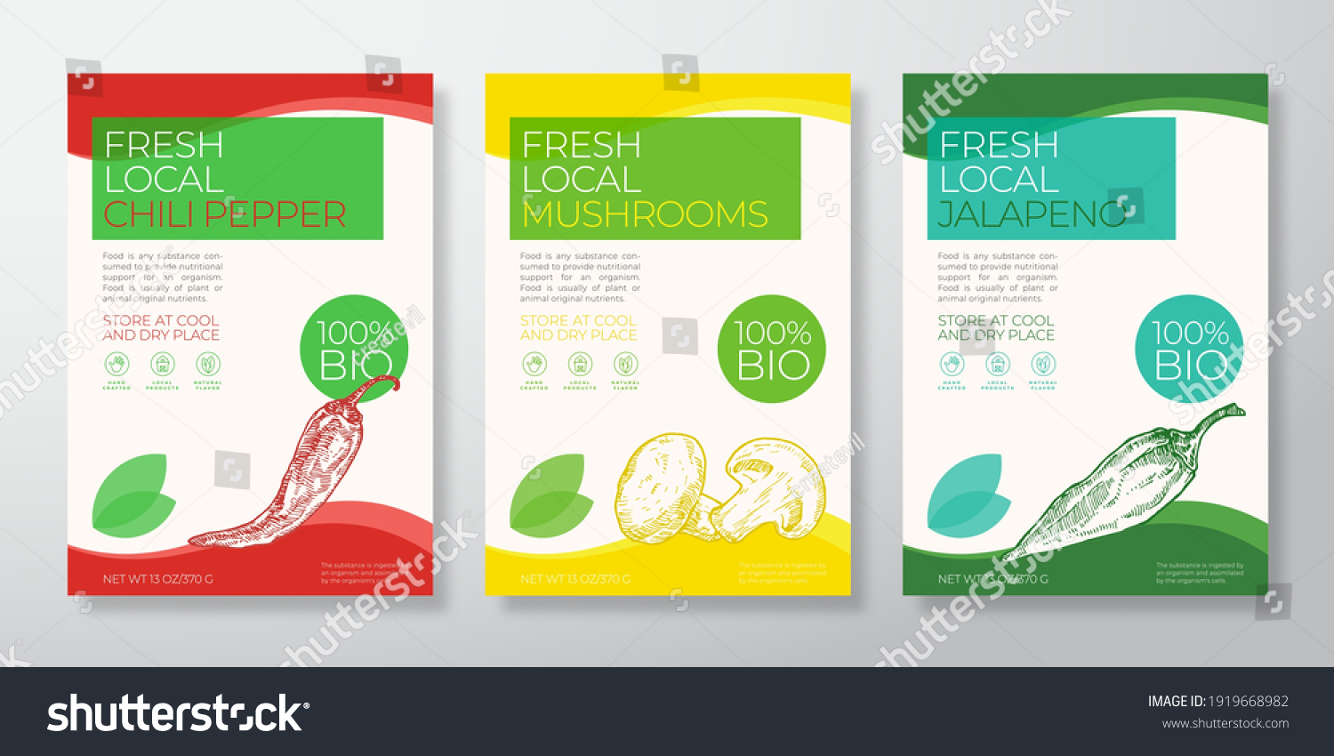 Fresh Local Vegetables Label Templates Set. Vector Packaging Design Layouts Collection. Typography Banner with Hand Drawn Champignons  Chili and Jalapeno Peppers Sketch Silhouette Background Isolated.