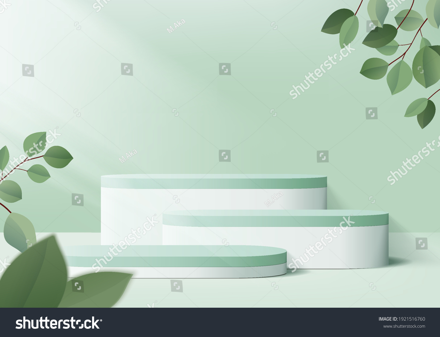 3d background products display podium scene with geometric platform. background vector 3d rendering with podium. stand to show cosmetic products. Stage showcase on pedestal display green leaf studio