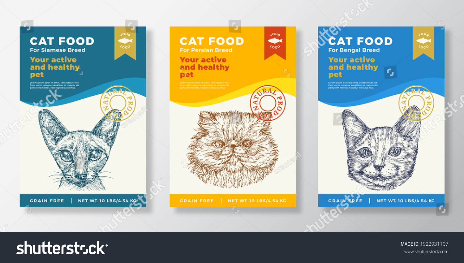 Cat Food Label Templates Set. Abstract Vector Packaging Design Layouts Collection. Typography Banners with Hand Drawn Bengal  Persian and Siamese Breeds Sketch Faces Background. Isolated.