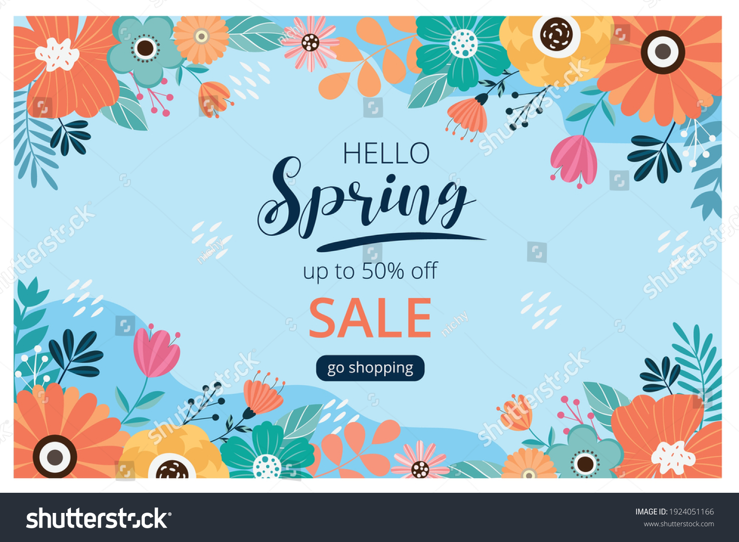 Hello spring sale banner with blossom bloom. Sale banner. Vector illustration. Hand drawn.