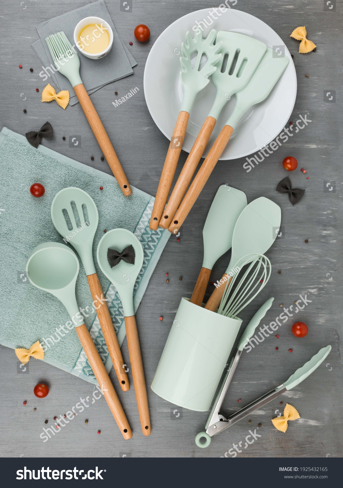 a set of mint color accessories for the kitchen. ladle spoon skimmer ...