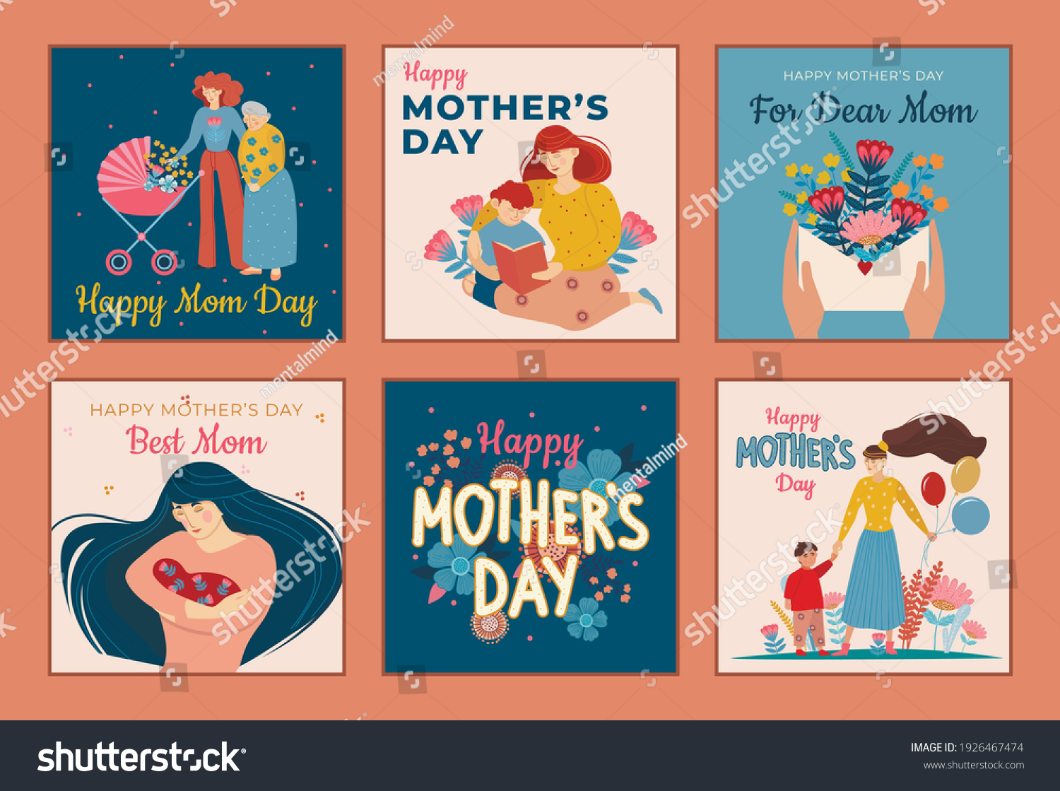 Six designs for Mothers Day greeting cards with text showing mothers with children of assorted ages  flowers and decorative messages  set of colored vector illustrations