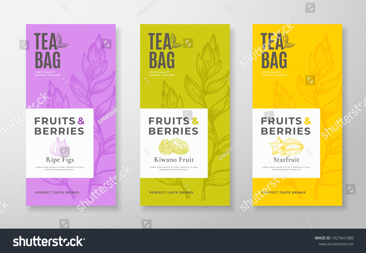 Exotic Fruits Tea Labels Set. Vector Packaging Design Layouts Bundle. Modern Typography  Hand Drawn Tea Leaves  Figs  Kiwano and Starfruit Silhouettes Background. Beverage Banners. Isolated.