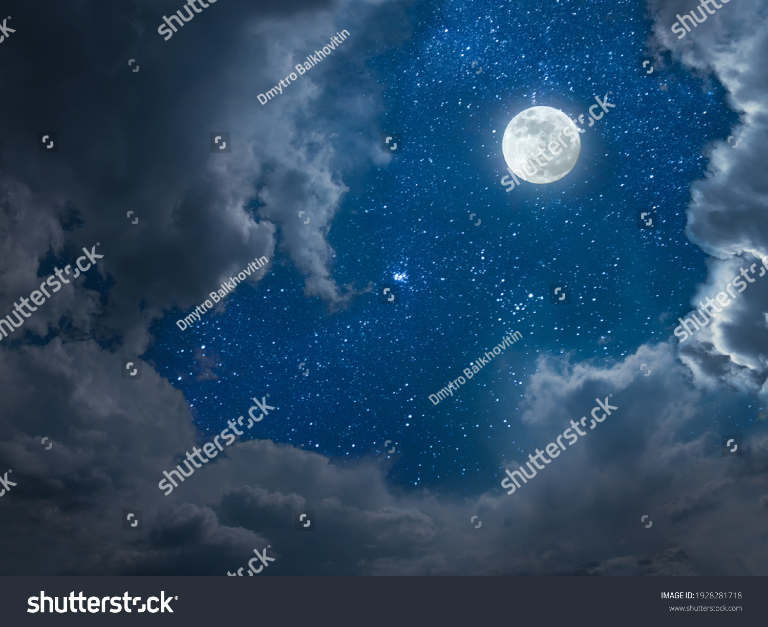 Night landscape with full moon and stars in sky