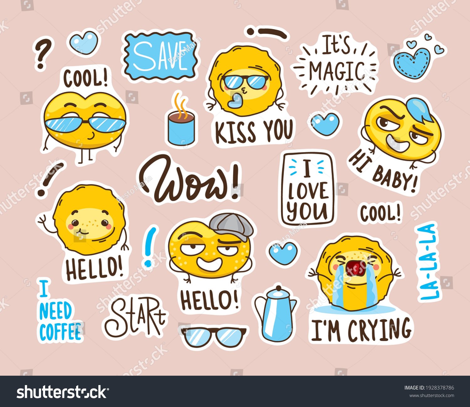 set of stickers with funny faces. funny cookies in a cartoon style with different emotions. cute heroes and funny lettering.