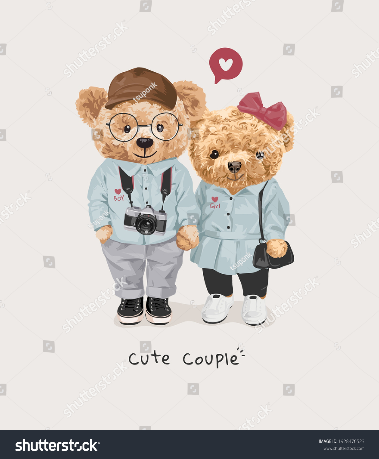 cute couple slogan with bear doll lovers in couple clothe illustration