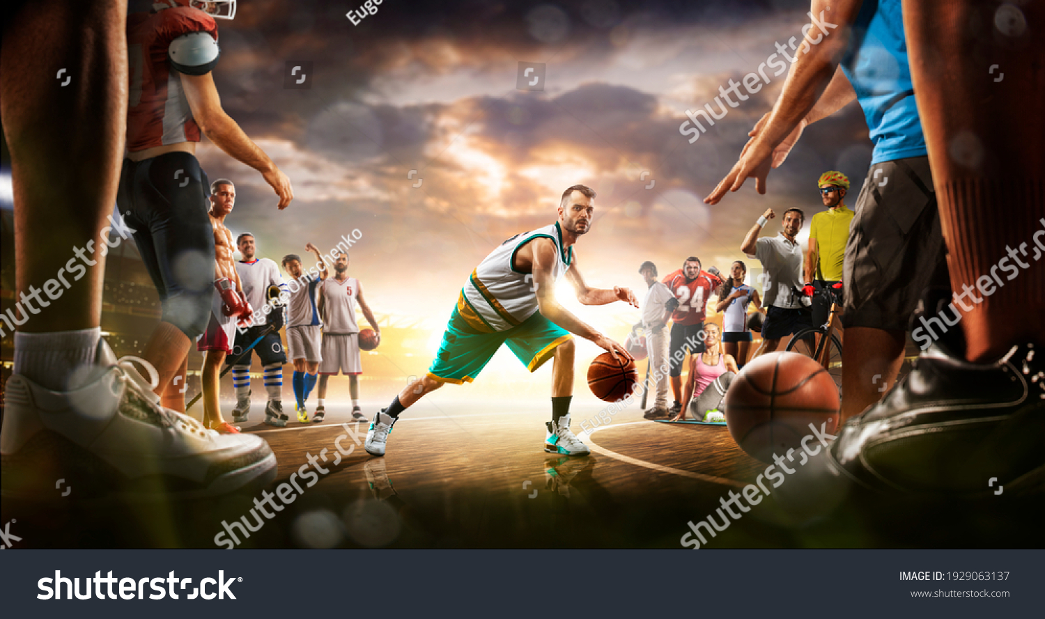 Basketball multi sports grand arena collage boxing basketball soccer football volleyball tennis fitness cycling baseball ice hockey