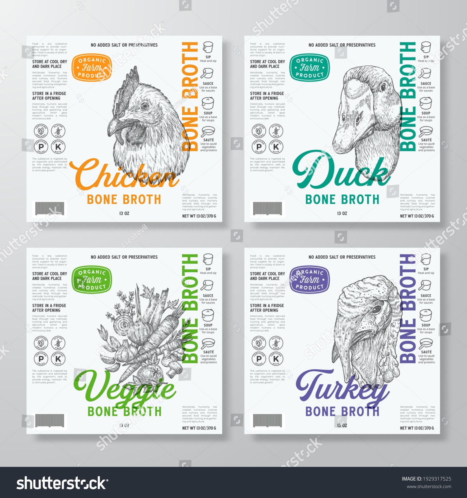 Bone Broth Label Templates Set. Abstract Vector Food Packaging Design Layouts Collection. Modern Typography with Hand Drawn Vegetables  Chicken  Duck and Turkey Face Sketch Backgrounds. Isolated.