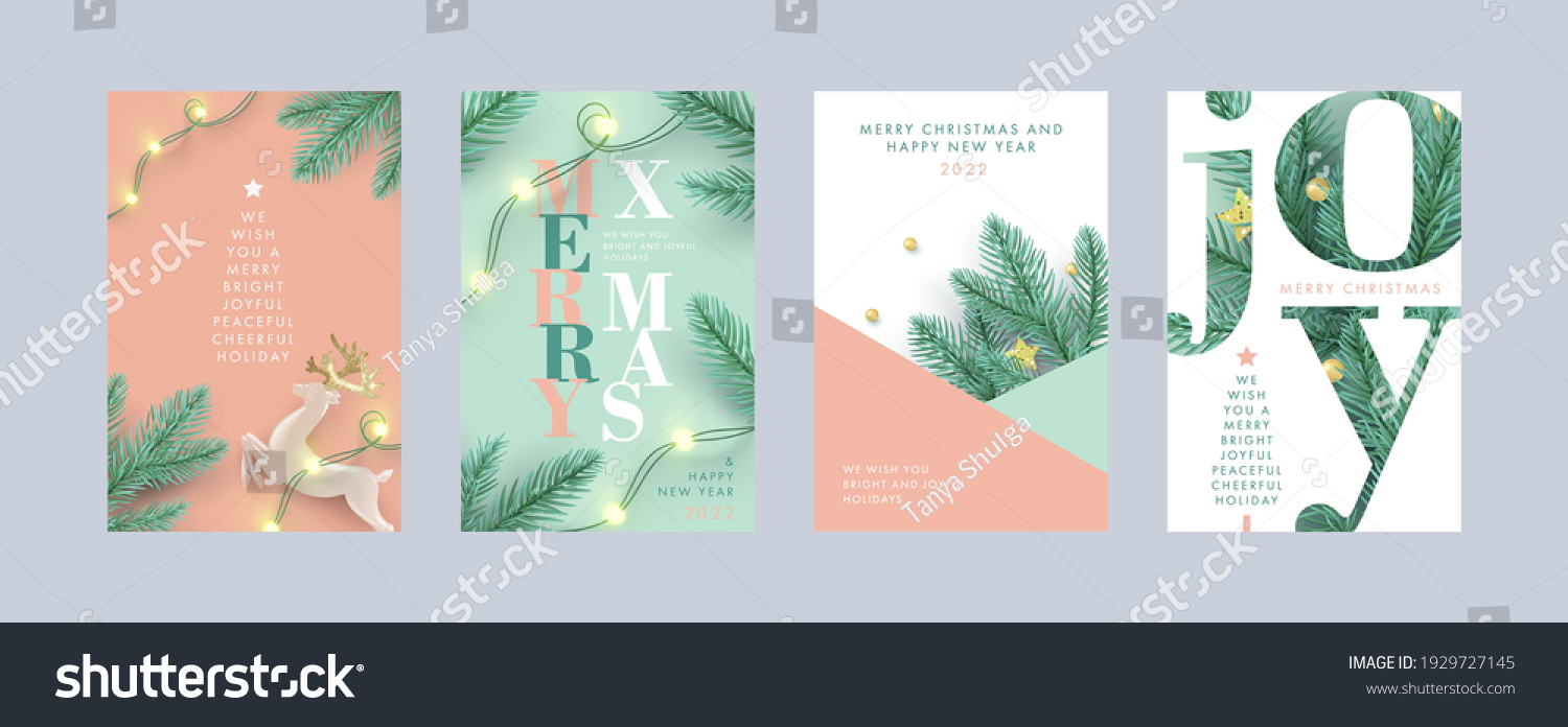 Merry Christmas and Happy New Year Set of backgrounds  greeting cards  posters  holiday covers. Xmas Design with realistic fir tree branches  deer and garlands lights in modern 3d realistic style