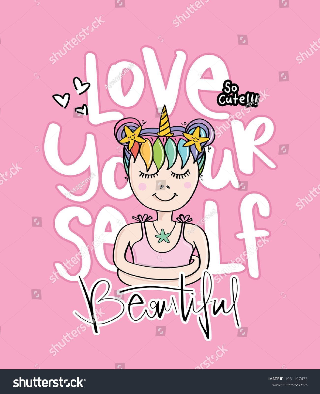 Love yourself text and unicorn girl design for fashion graphics  t shirt prints  posters  stickers etc