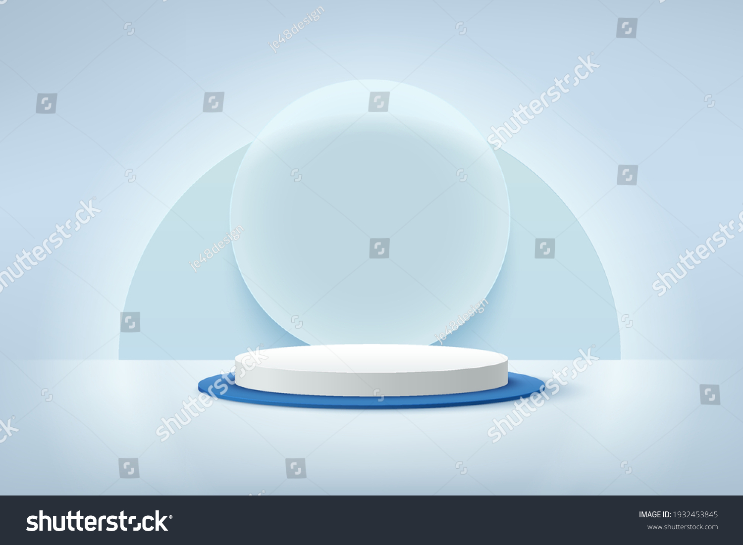 Modern white and blue cylinder podium with neon shining and transparent glass rings background. Abstract vector rendering 3d shape for advertising products display. Pastel minimal scene studio room.