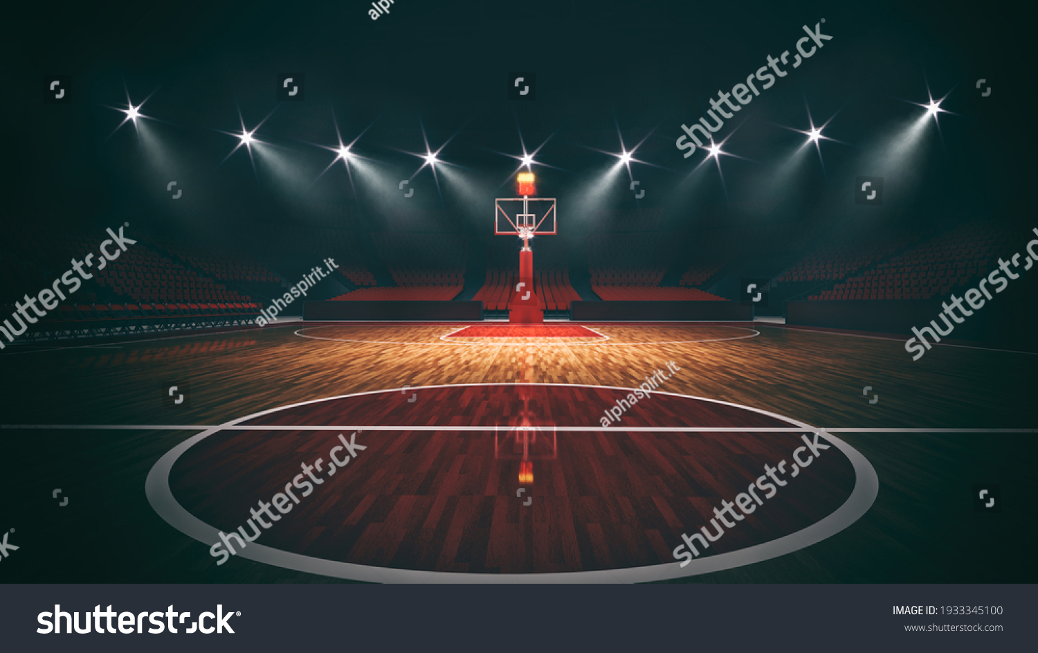 Interior view of an illuminated basketball stadium for a game