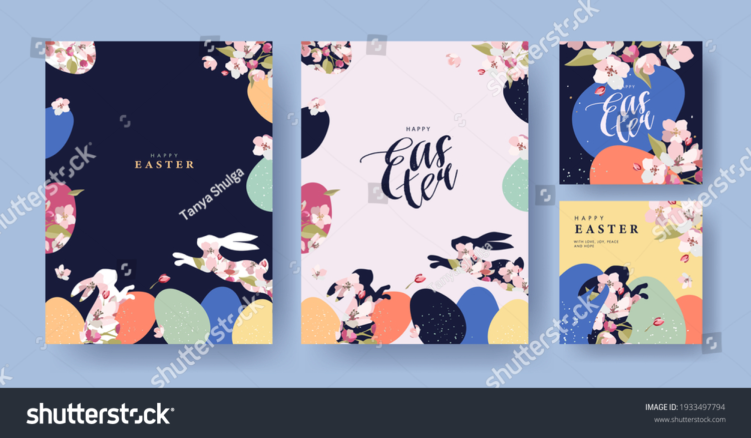 Happy Easter Set of Corporate greeting cards  invitations  holiday covers  posters or flyers design. Trendy Easter design templates with frame made of eggs  rabbits and spring flowers in pastel colors