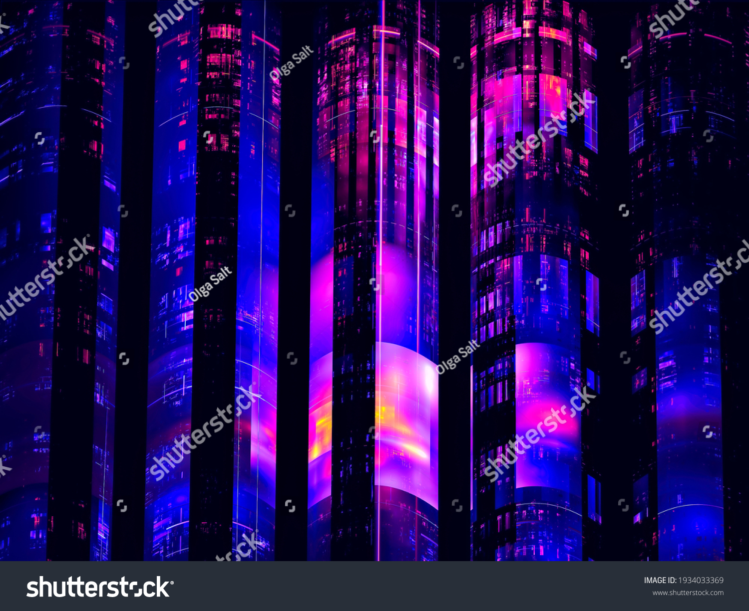 Abstract 3d illustration - bright futuristic towers on a dark background
