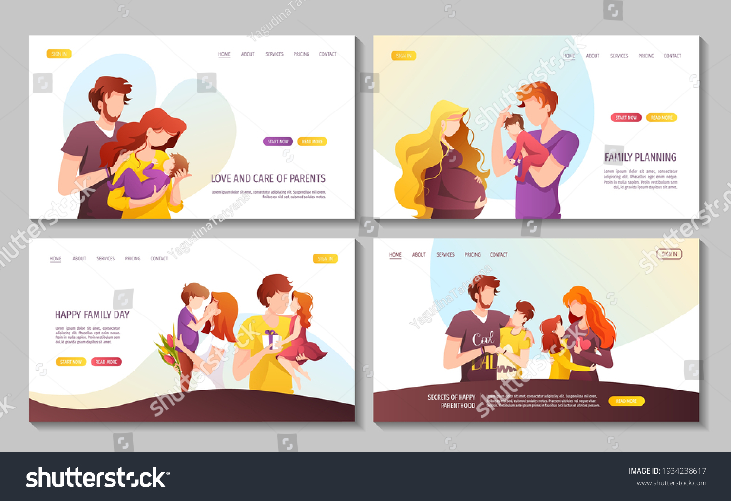 Set of web pages with father  mother and their children of different ages. Happy family day  Parenting  Childhood  relationship concept. Vector Illustration for poster  banner  website.