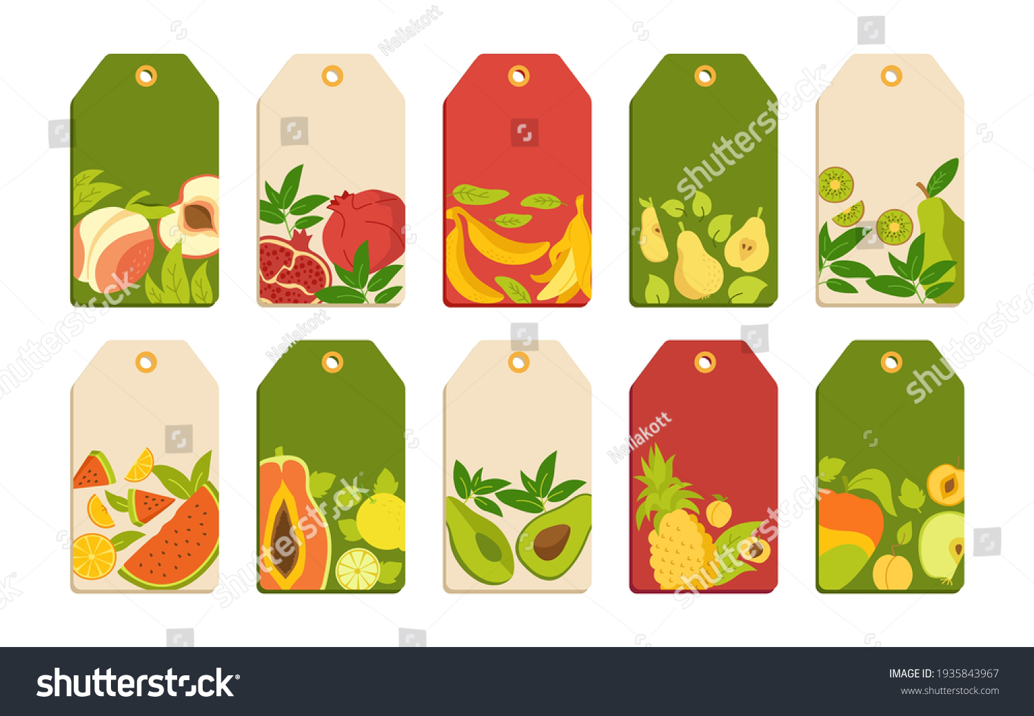 Label with fruit cartoon set template. Tropical price tag hawaiian fruit  pineapple pear watermelon and tangerine  fig  lemon. Isolated empty frame vector illustration juice or farmer market product