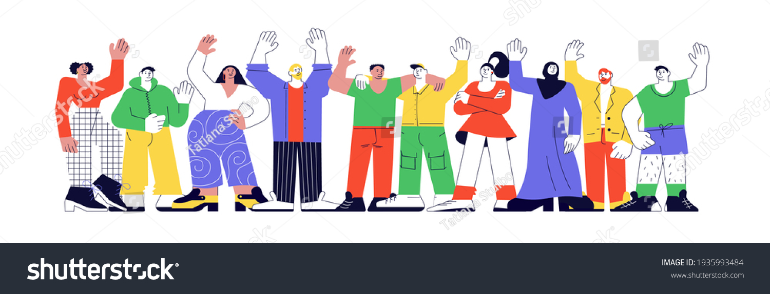 Happy diverse people greeting gesture gesturing in friendly way. Group of smiling Different nations representatives waving hand saying hello. Flat Art Rastered Copy