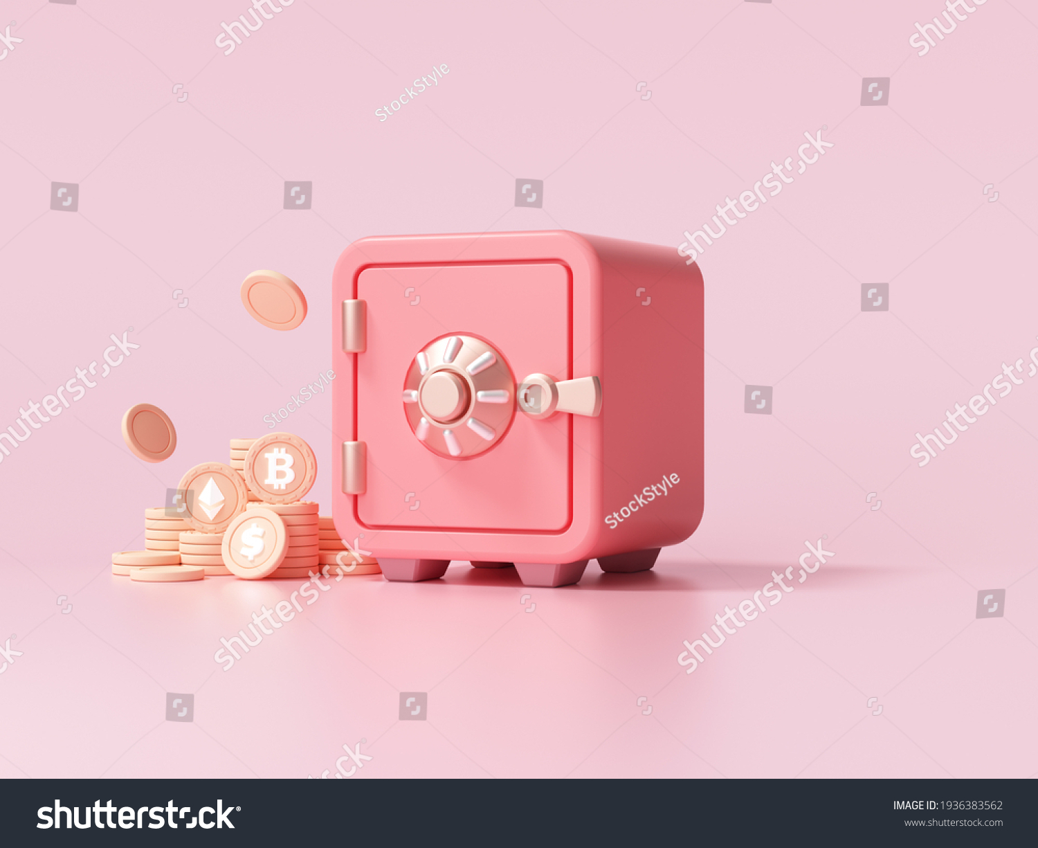 Red Safe box with gold coins stack font view on pink background. 3d render illustration 