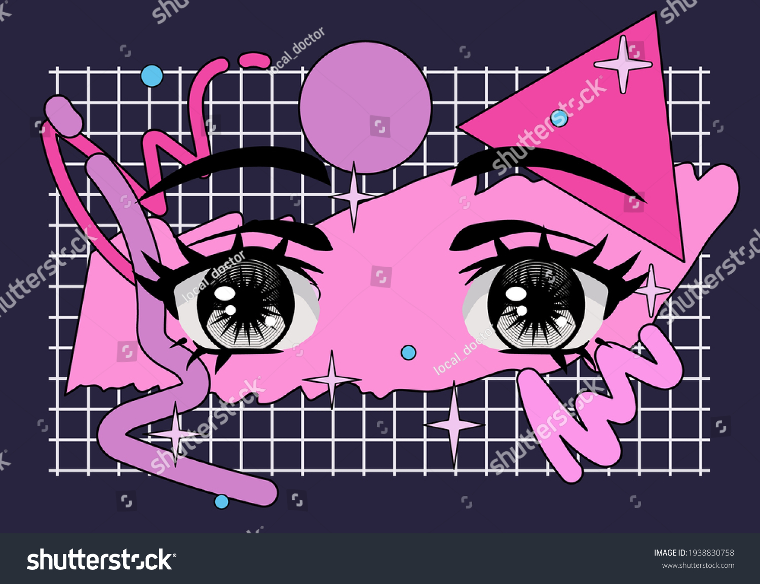 Face with big cartoon anime eyes. Vaporwave and retrowave style print for poster  cover of t-shirt.