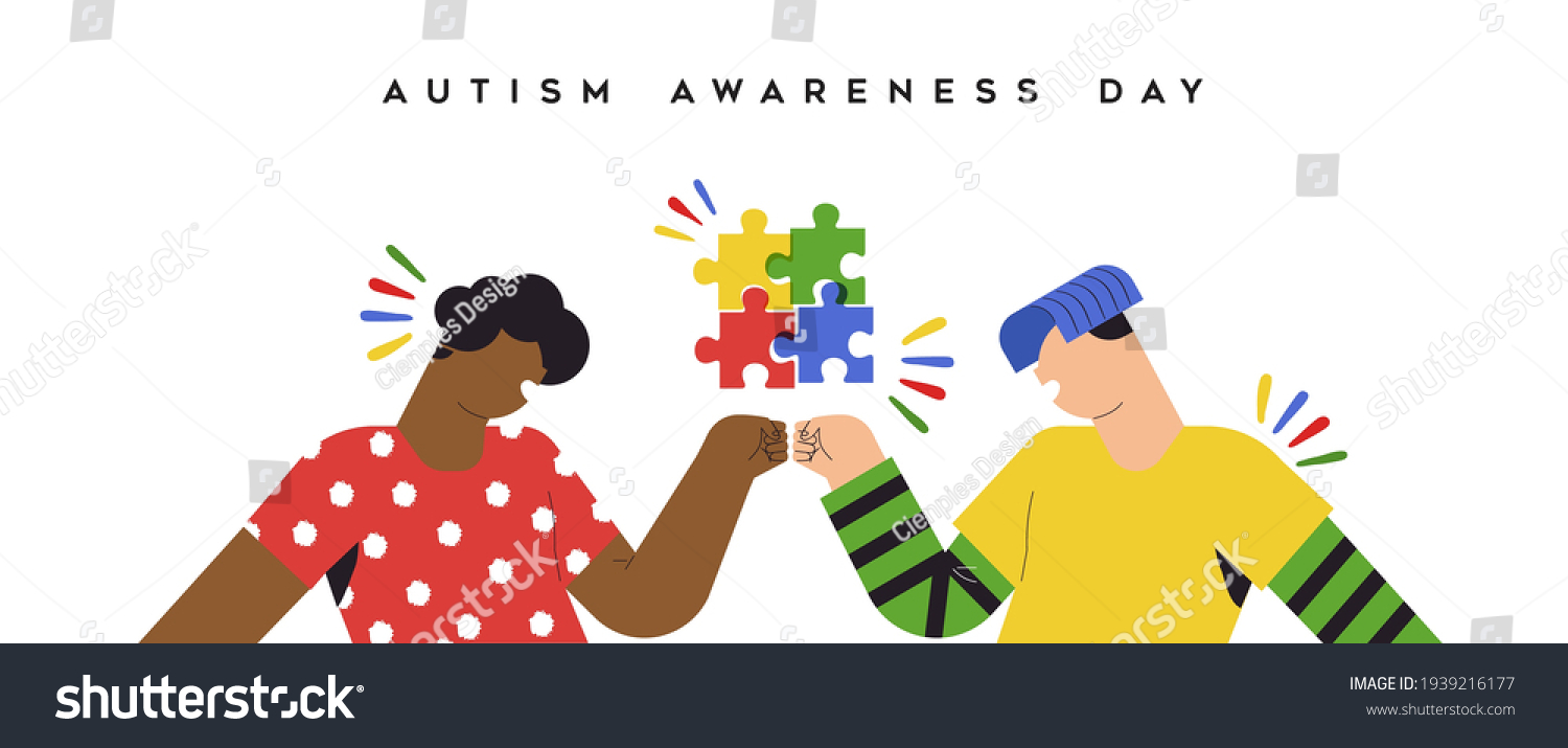Autism awareness day web banner illustration of happy children friends doing fist bump together. Autistic kid friendship concept  childhood psychology design.