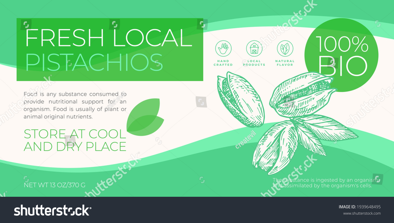 Fresh Local Nuts Label Template. Abstract Vector Packaging Horizontal Design Layout. Modern Typography Banner with Hand Drawn Pistachios Sketch Silhouette Background. Isolated.