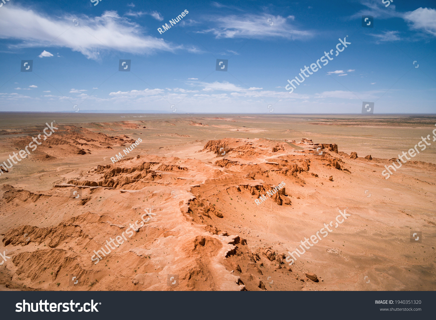 Aerial view of the Bayanzag Flaming Cliffs in the Gobi Desert  Mongolia. 