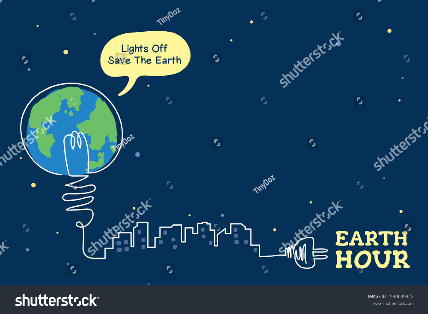 Earth Hour copy space. Light bulb with power plug and cityscape continuous line art drawing. Abstract minimal eco energy saving concept art. Lights off 60 minutes  save the Earth. Vector illustration.