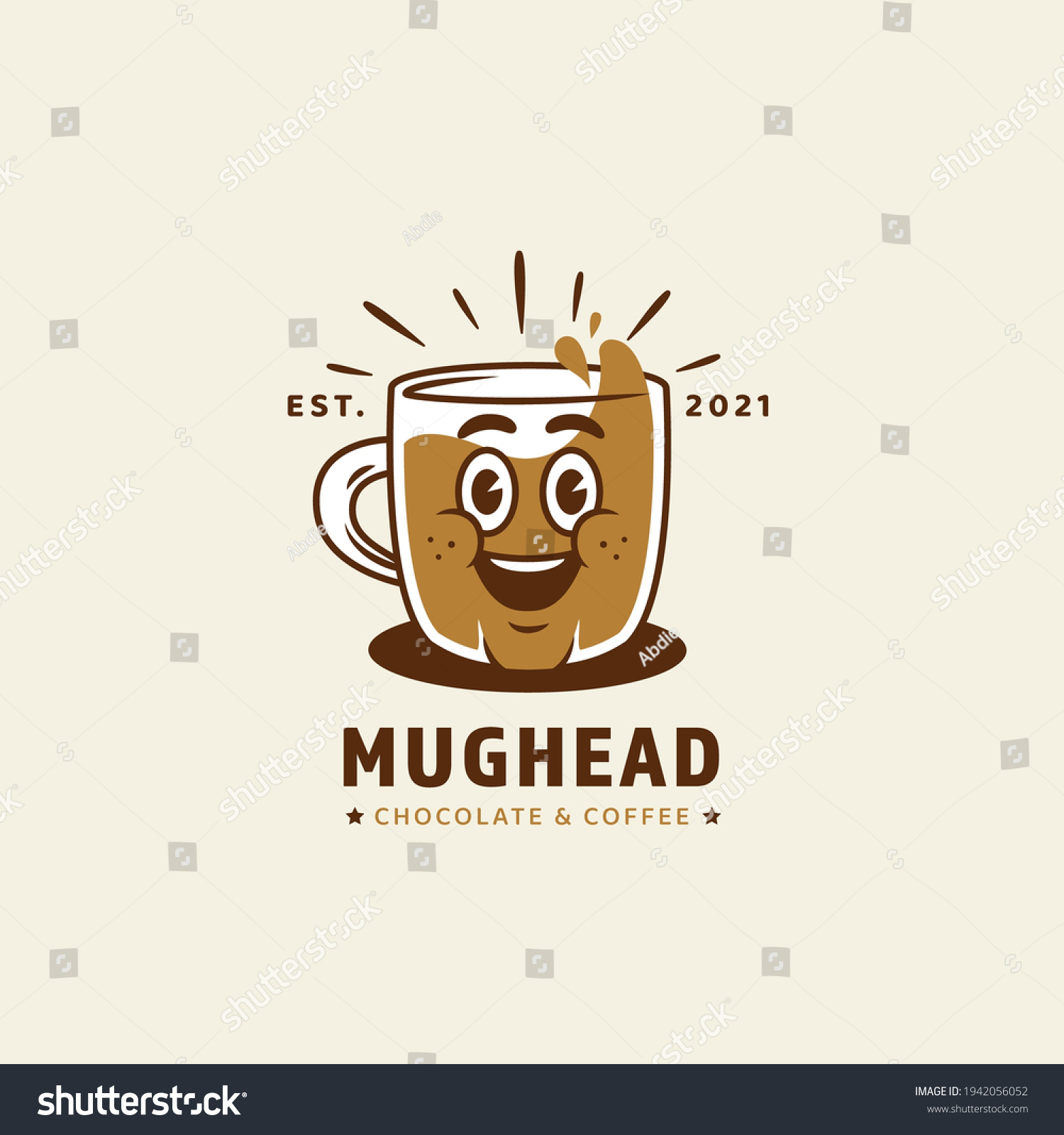 Mug cup head mascot character logo for chocolate and coffee cafe restaurant business logo icon in retro vintage cartoon style