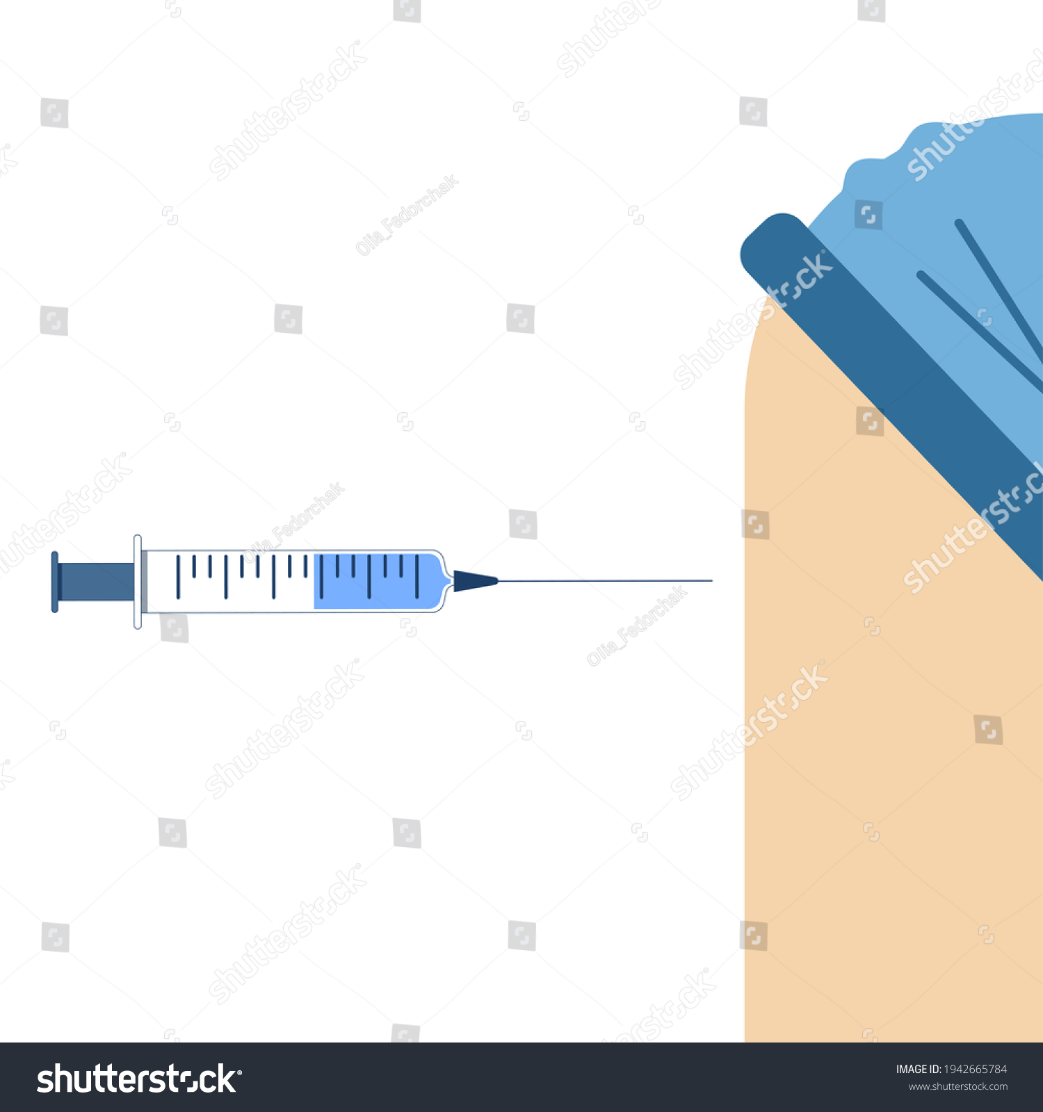 Vaccination person by syringe. An injection dose of the vaccine into the patient's arm. Vaccination antiviral shot. Injecting vaccinate with a syringe. Hands in surgical gloves. Vector 8 eps